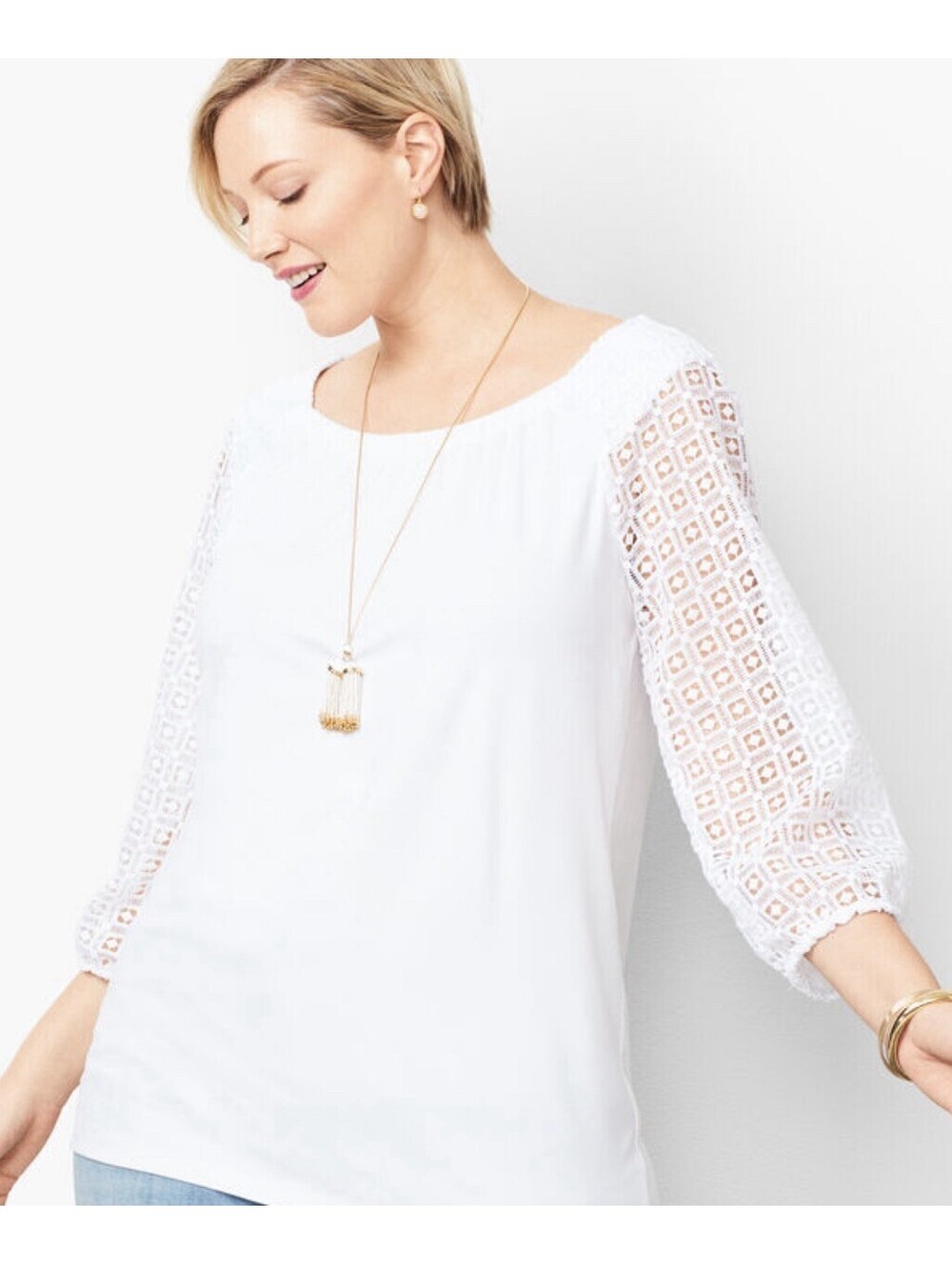 Talbots Petite MP Lace Ponte Top White 3/4 Sheer Sleeves Coastal Beach Peasant